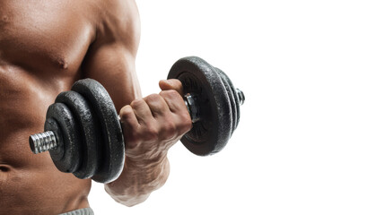 Muscular hand holding a heavy dumbbell against a white isolated background.