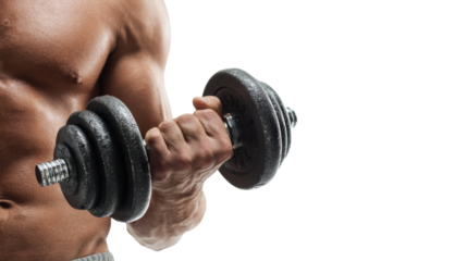 Muscular hand holding a heavy dumbbell against a white isolated background.