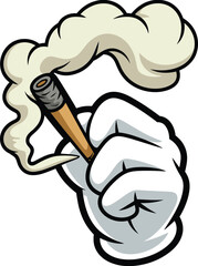 Cartoon glove hand holding smoking blunt – bold vector cannabis art, thick smoke, weed culture illustration for stickers and apparel