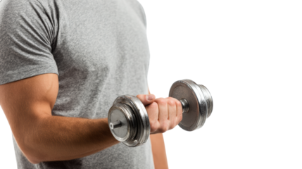 Muscular man lifting a dumbbell, gray t-shirt, white isolated background.