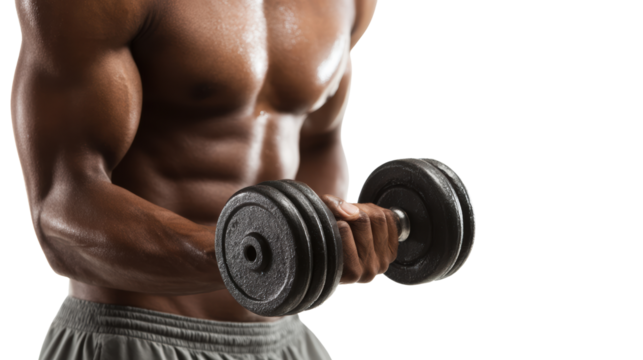 Muscular man lifting a dumbbell, showcasing strength and fitness, on a white isolate background. - Powered by Adobe