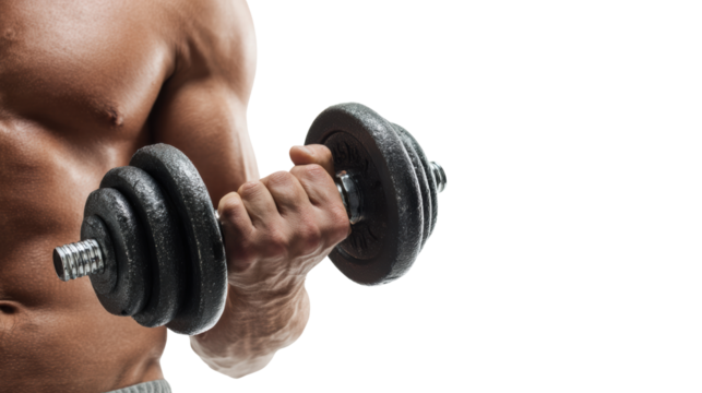 Muscular hand holding a heavy dumbbell against a white isolated background. - Powered by Adobe
