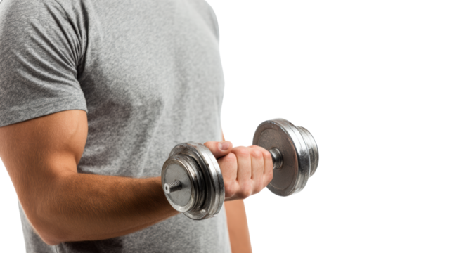 Muscular man lifting a dumbbell, gray t-shirt, white isolated background.