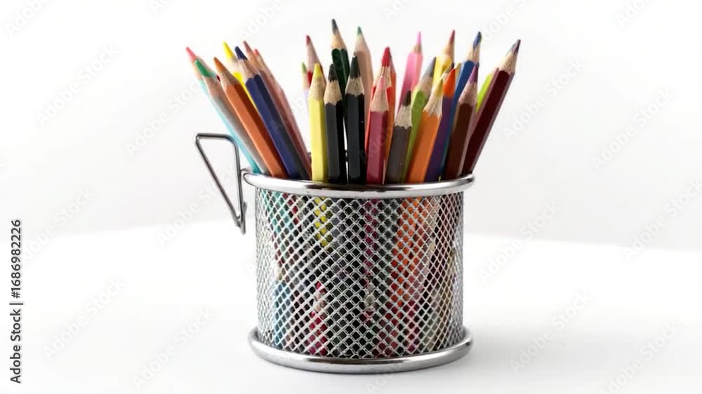 Poster a collection of colorful pencils stored in a metallic container