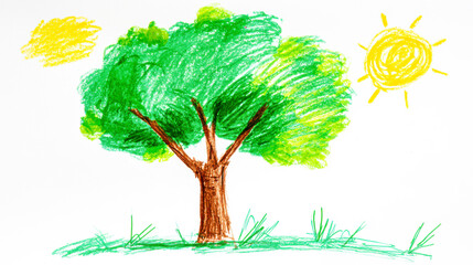 Kids create a cheerful tree drawing with bright colors on white paper during art time