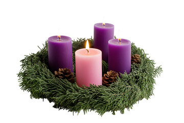 Religious advent wreath arrangement with four candles isolated on transparent background