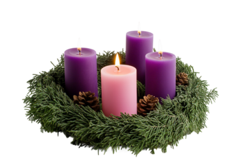 Religious advent wreath arrangement with four candles isolated on transparent background