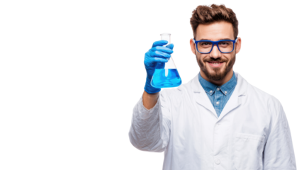 Scientist holding a blue liquid in a flask, smiling, isolated on white background.