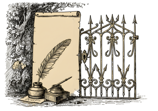 Vintage Illustration of Pen Feather and Inkwell on Paper Near Gate Isolated