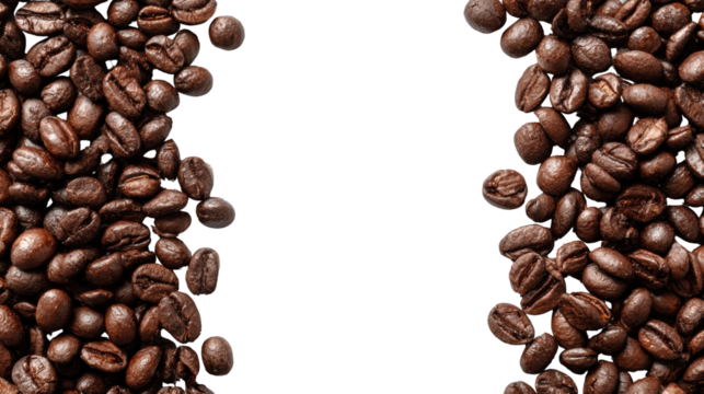 Roasted coffee beans arranged on a black background, creating an elegant visual frame.