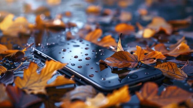 A cell phone sits atop a pile of dry leaves, possibly lost or forgotten