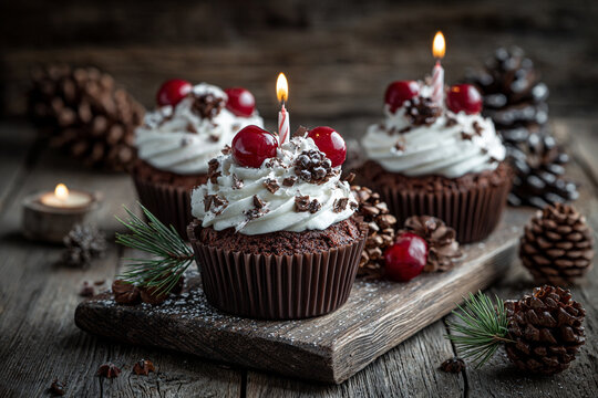 Delicious chocolate cupcakes with cherries whipped cream and candles on rustic wooden background decorated with pine cones and evergreen sprigs - Powered by Adobe