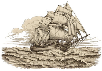 Vintage Illustration Of Sailing Ship On Rough Sea With Cloudy Sky