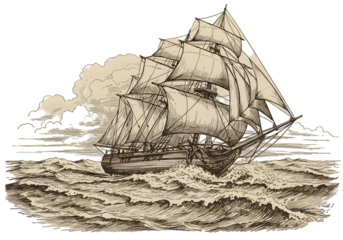 Vintage Illustration Of Sailing Ship On Rough Sea With Cloudy Sky