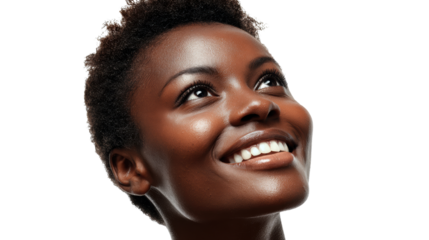 Smiling woman looking upwards, expressive and joyful, isolated on a white background.
