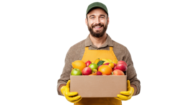 Smiling man holding a box of fresh fruits, wearing gloves and an apron, isolated on white background.