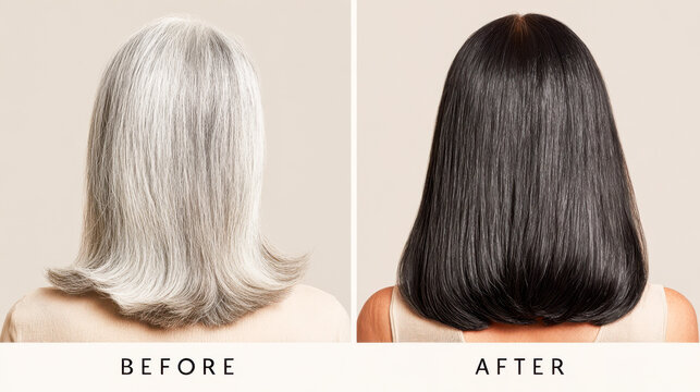Transformation of gray hair to sleek black hairstyle in modern collage format