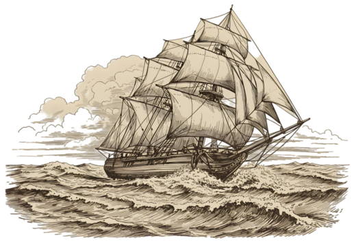 Vintage Illustration Of Sailing Ship On Rough Sea With Cloudy Sky