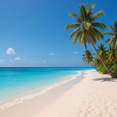 Obraz premium Idyllic tropical beach with white sand, turquoise ocean, and palm trees on a sunny day