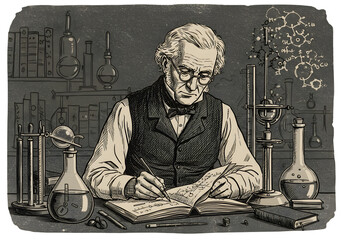 Vintage Illustration Of Scientist Writing In A Laboratory With Laboratory Equipment