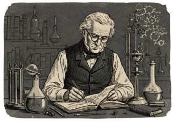 Vintage Illustration Of Scientist Writing In A Laboratory With Laboratory Equipment