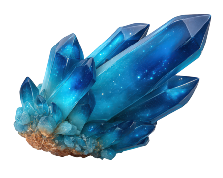 Blue crystal shard with glowing cosmic effect, photorealistic mineral cluster, fantasy sci fi element, sparkling texture, vibrant energy, magical atmosphere, isolated on white