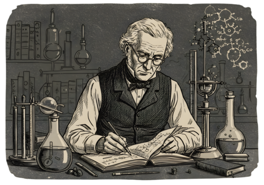Vintage Illustration Of Scientist Writing In A Laboratory With Laboratory Equipment - Powered by Adobe