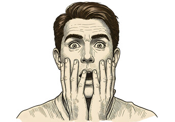 Vintage Illustration Of Surprised Man Covering Face With Hands