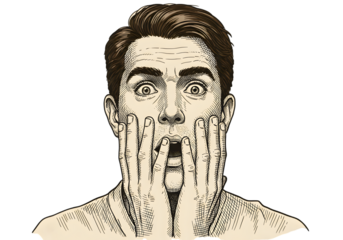 Vintage Illustration Of Surprised Man Covering Face With Hands