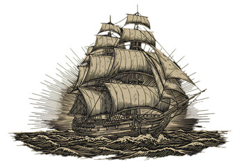 Vintage Illustration Of Tall Sailing Ship On Transparent Black Background