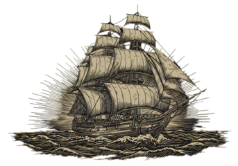 Vintage Illustration Of Tall Sailing Ship On Transparent Black Background