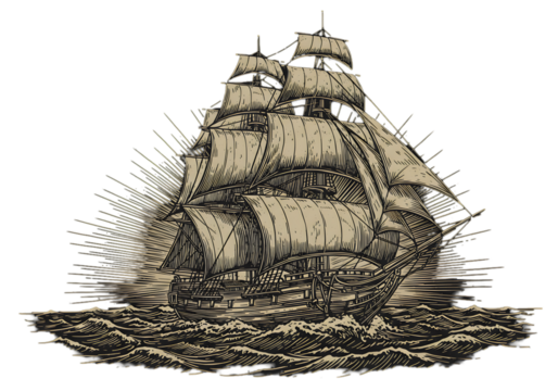 Vintage Illustration Of Tall Sailing Ship On Transparent Black Background