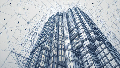 Futuristic skyscraper design with network connections and architectural blueprint