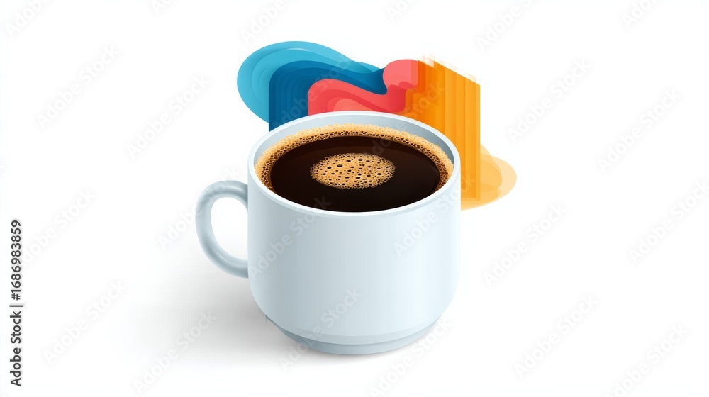 Poster cup of coffee with a colorful background. the coffee is dark and has foam on top. the background is 