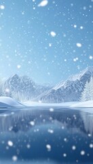 Winter Wonderland with Snow-Covered Mountains, Frozen Lake, and Soft Falling Snowflakes