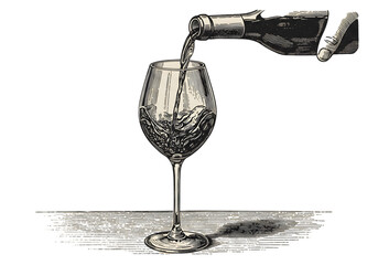 Vintage Illustration of Wine Pouring into a Glass with Transparent Background