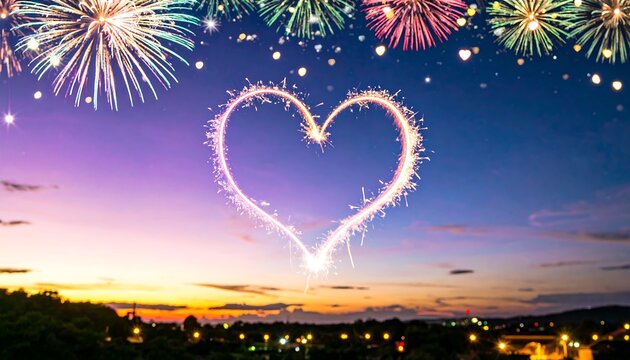 Heart-shaped sparkler against a vibrant fireworks display over a city at sunset