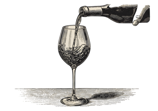 Vintage Illustration of Wine Pouring into a Glass with Transparent Background