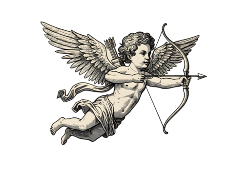 Vintage Illustration Of Winged Cupid Archery On Transparent Background