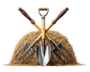 Shovel pitchfork haystack farming tool wooden handle metal agriculture rural equipment harvest. Farming tools with wooden handles and metal heads crossed on haystack symbolizing rural agriculture