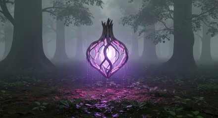 Mysterious Purple Light in a Foggy Forest.