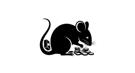 Black silhouette of a clever mouse counting a pile of coins.