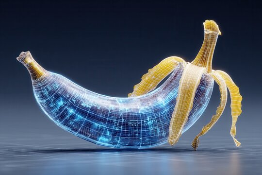 Futuristic Digital Representation of a Yellow Banana in 3D Model