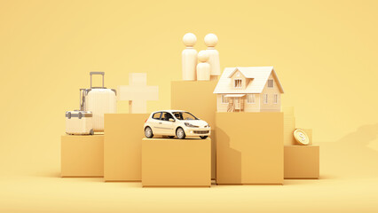 An umbrella covers family, home, car, health, and savings, symbolizing total protection. 3d rendering.