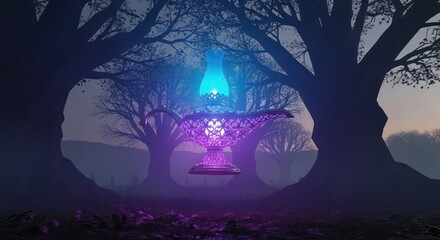 Mystical forest scene with glowing blue lantern and meditating figure under ancient trees.
