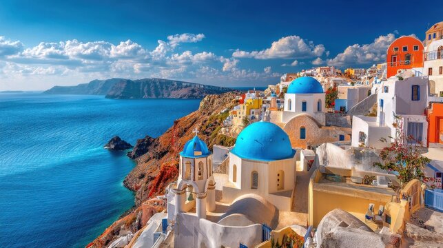 santorini island blue domes ocean view
