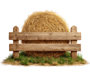 Wooden fence with rustic texture in front of large round haystack, surrounded by green grass, evokes peaceful rural countryside atmosphere
