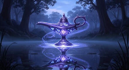 Mystical Genie Lamp Glowing in Enchanted Forest Water Reflection.