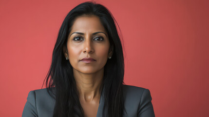 Fototapeta premium Focused Professional Portrait: A strong and composed female executive radiates confidence against a vivid backdrop, embodying the essence of professionalism and leadership. 