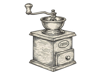 Vintage Manual Coffee Grinder Illustration Isolated on Transparent Background